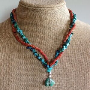 VINTAGE RED SPONGE CORAL , TURQUOISE, LAPIS NECKLACE CARVED BEAR PENDANT